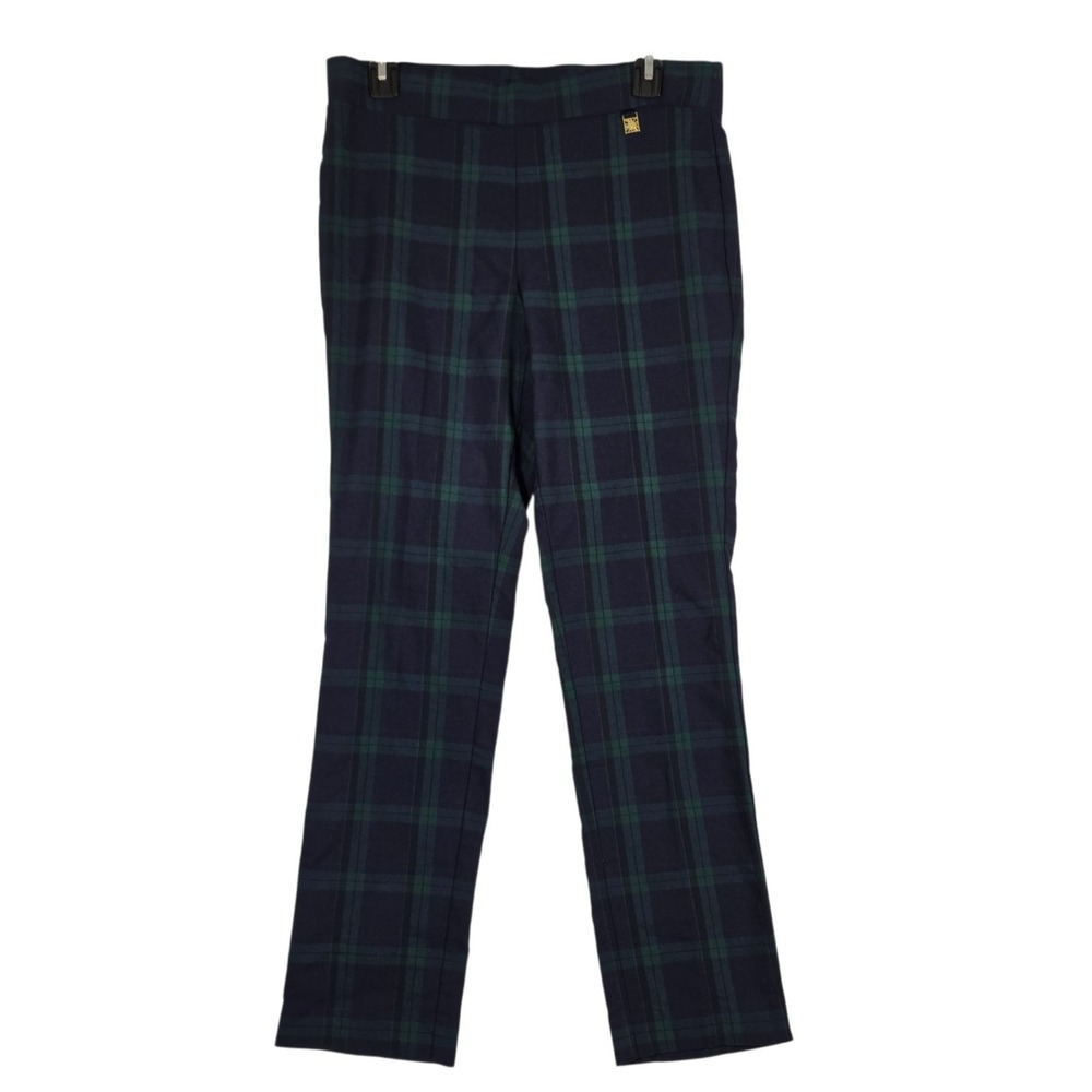 Anne Klein Pants Womens Medium Blue Green Tartan Plaid Pull On Elastic Waist